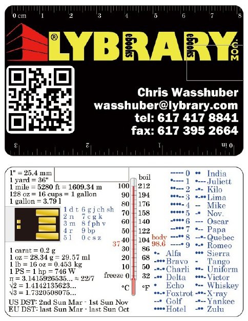 USB flash business card with QR code, morse code, phonetic alphabet, rulers, mnemonic code and unit conversions.