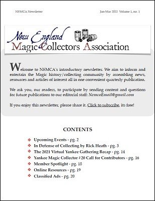 NEMCA Newsletter Volume 1 Number 1 (January - March 2022) by NEMCA: New England Magic Collectors Association