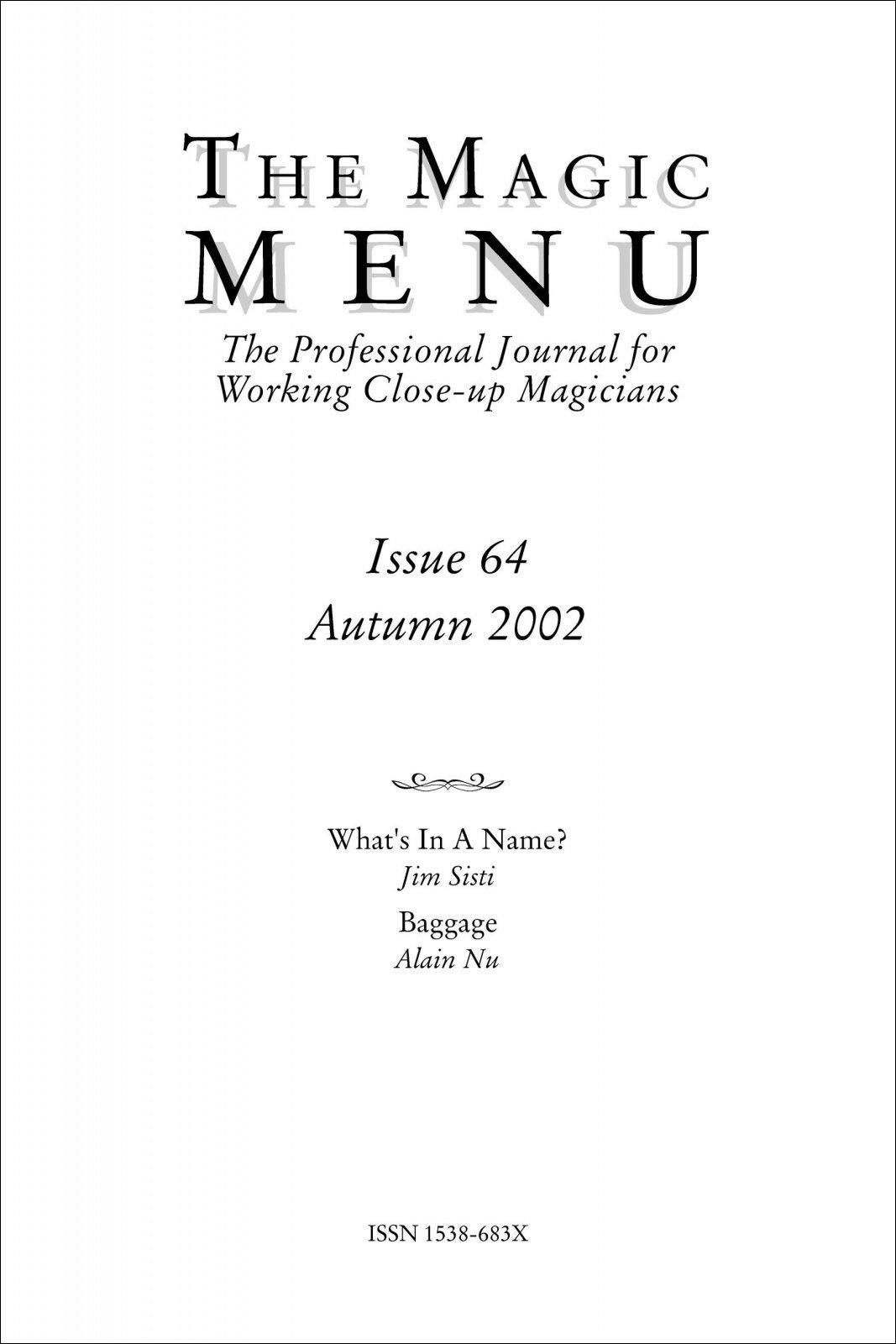 Magic Menu volume 11, number 64 (autumn 2002) by Jim Sisti : Lybrary.com