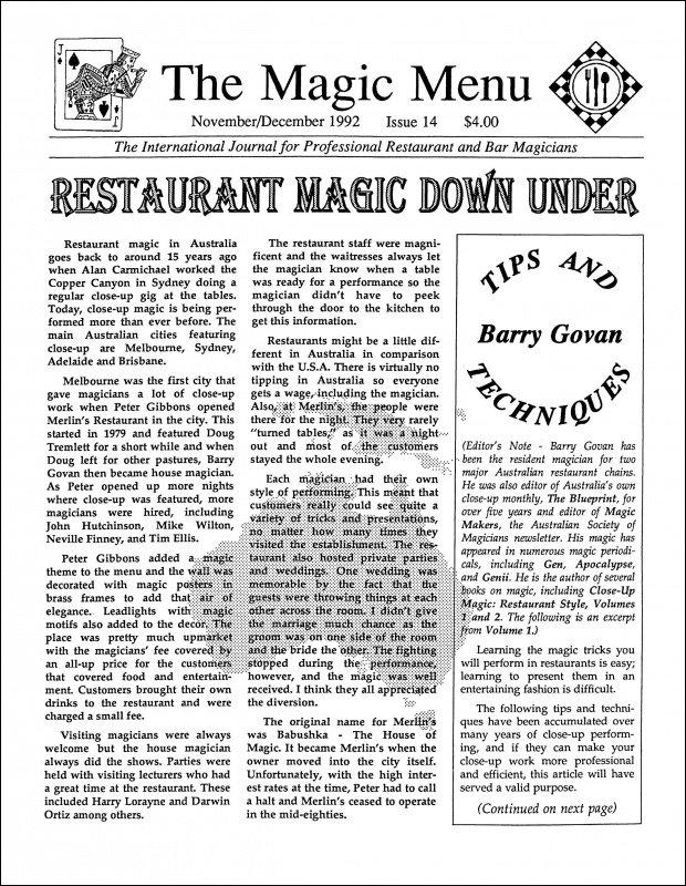 Magic Menu volume 3, number 14 (Nov - Dec 1992) by Jim Sisti : Lybrary.com